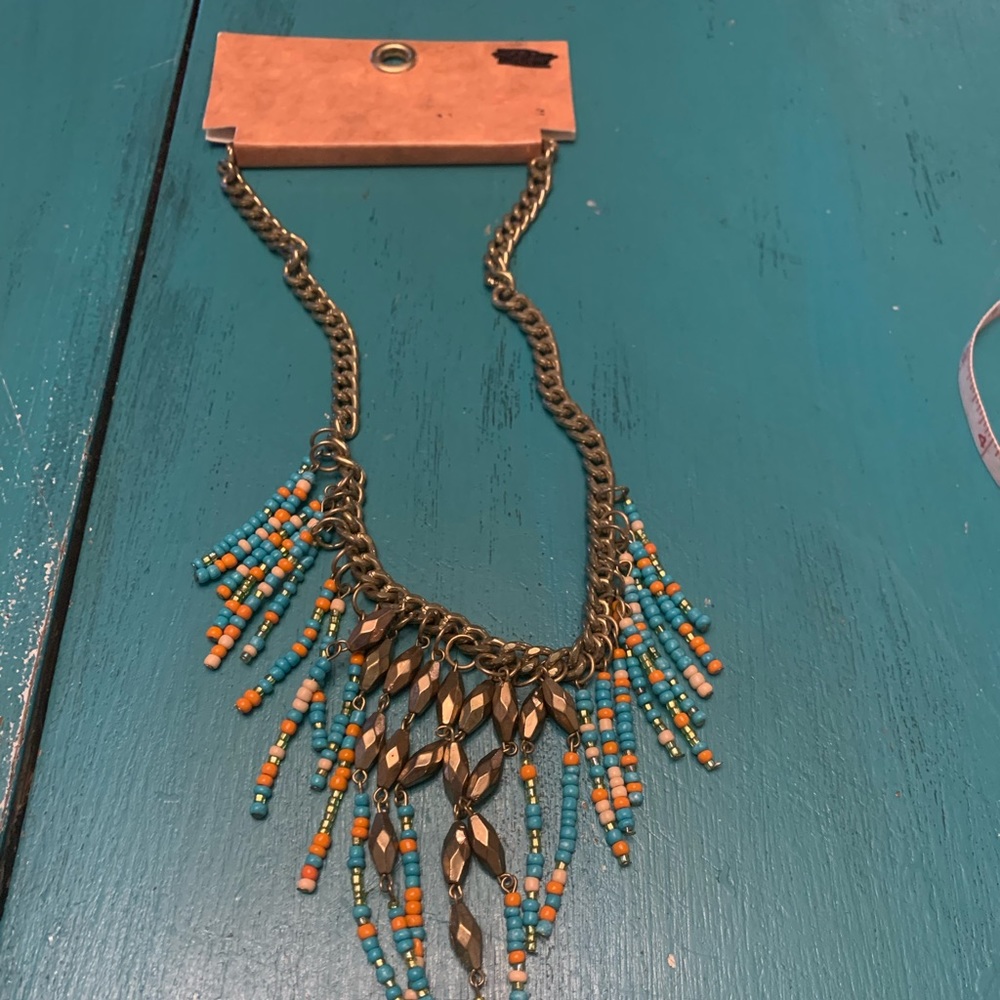 Orange, Turquoise, and bronze beaded necklace